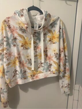 Women's Floral Disney Character Cropped Hoodie Sweater - White/Multi